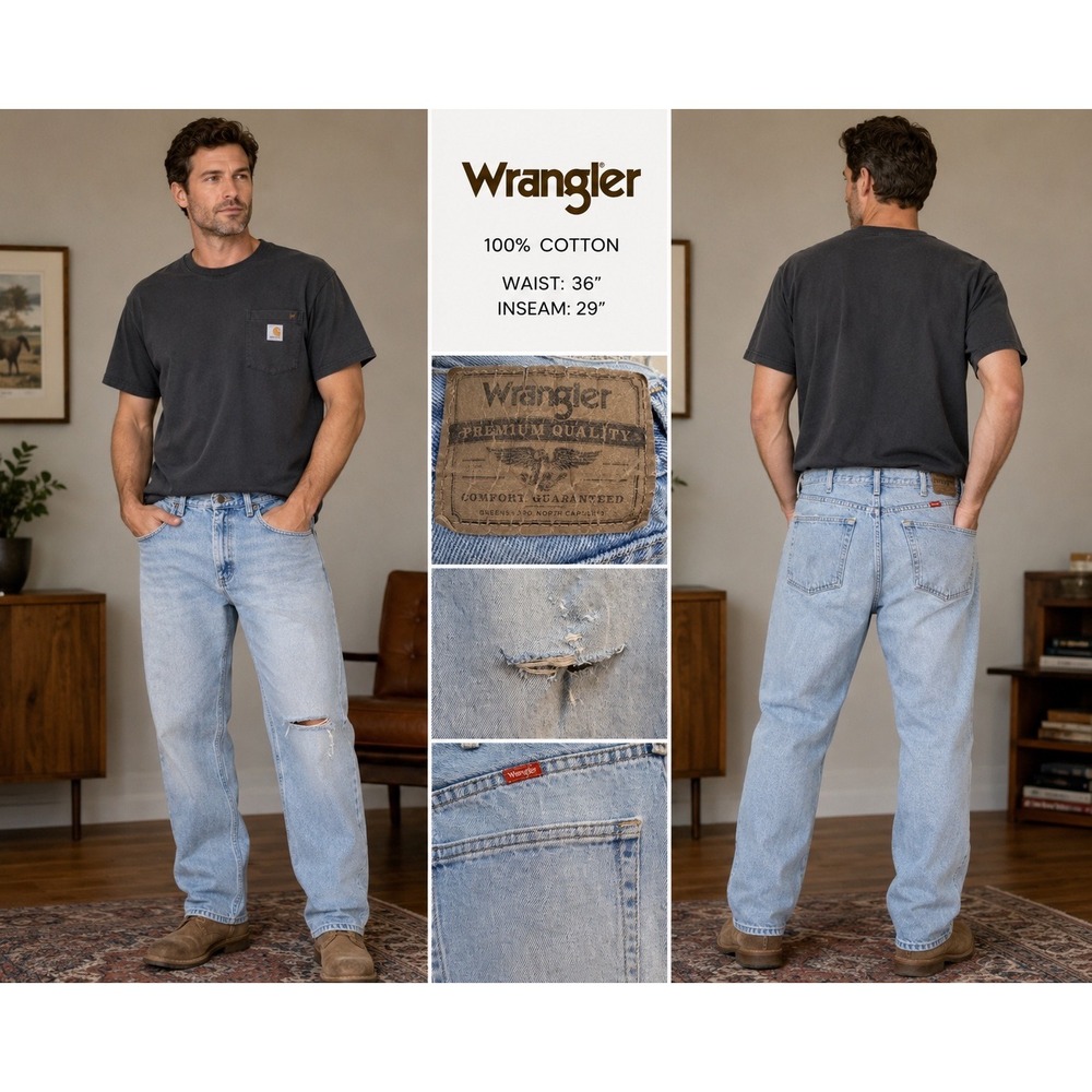 Wrangler Mens Premium Quality Light Wash Distressed Straight Leg Jeans 36x29